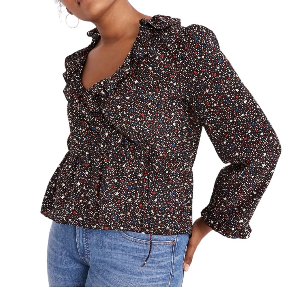 Madewell 100% Silk Starry Night Ruffle Hem Long Sleeve Wrap Holiday Blouse Top